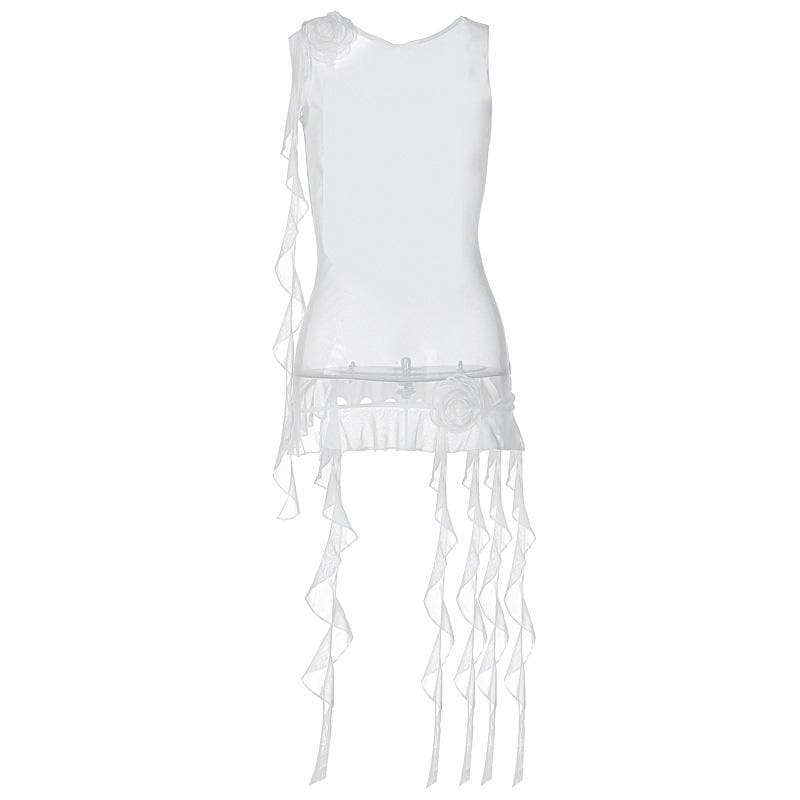 Sleeveless solid cross back sheer mesh see through ruffle flower applique top