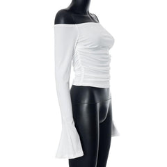 Ribbed long flared sleeve solid ruched off shoulder top