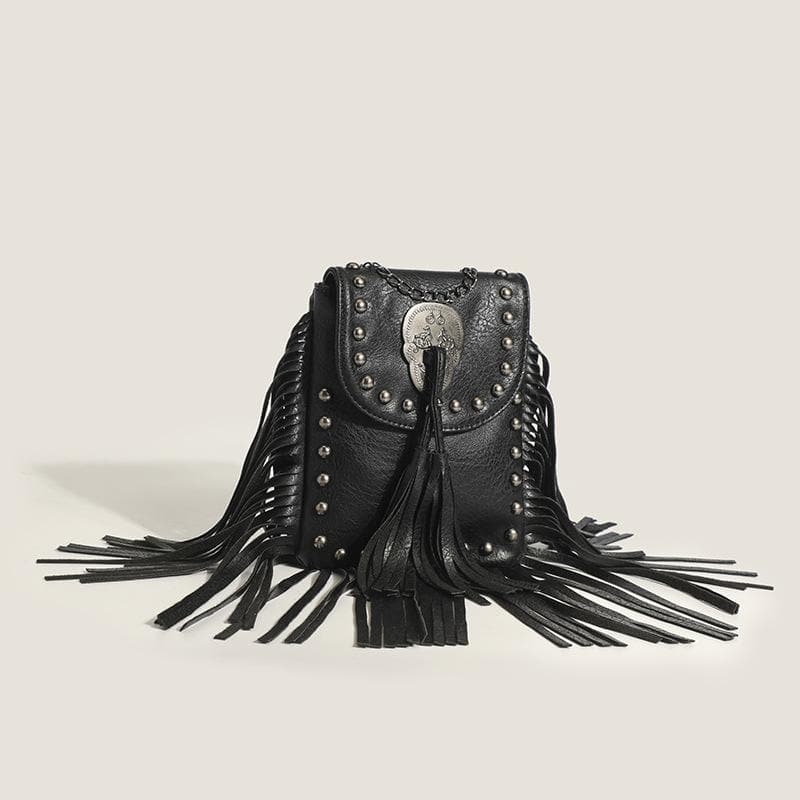 Skull applique tassels button PU leather bag