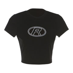 Short sleeve crewneck "R"embroidery crop top