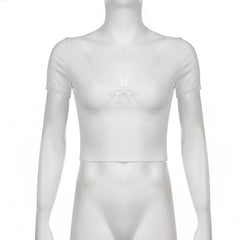 Short sleeve v neck ribbed lace hem solid crop top