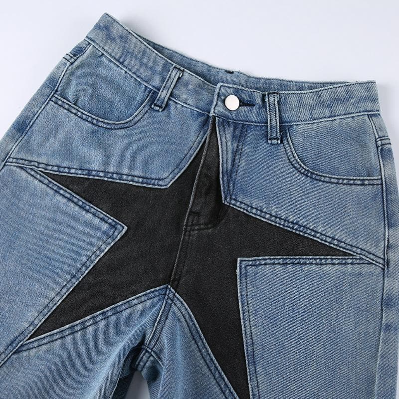 Star patchwork stitch contrast denim shorts