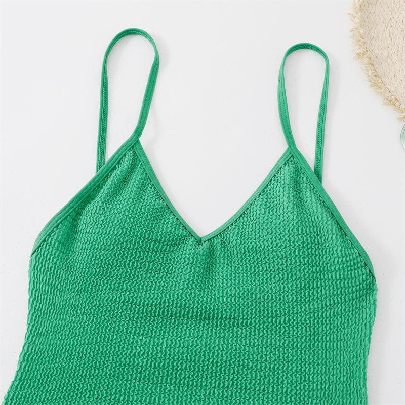 Textured v neck solid padded backless one piece swimwear