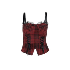 Plaid sweetheart neck lace up lace hem backless cami top