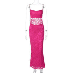Lace solid square neck ruched spaghetti strap backless maxi dress