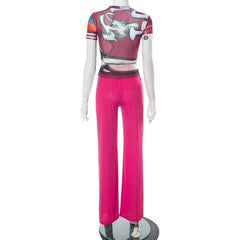 Sheer mesh see through short sleeve contrast pant set