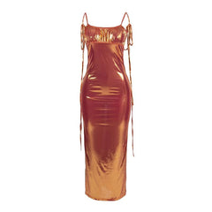 Metallic ruched backless self tie square neck maxi dress