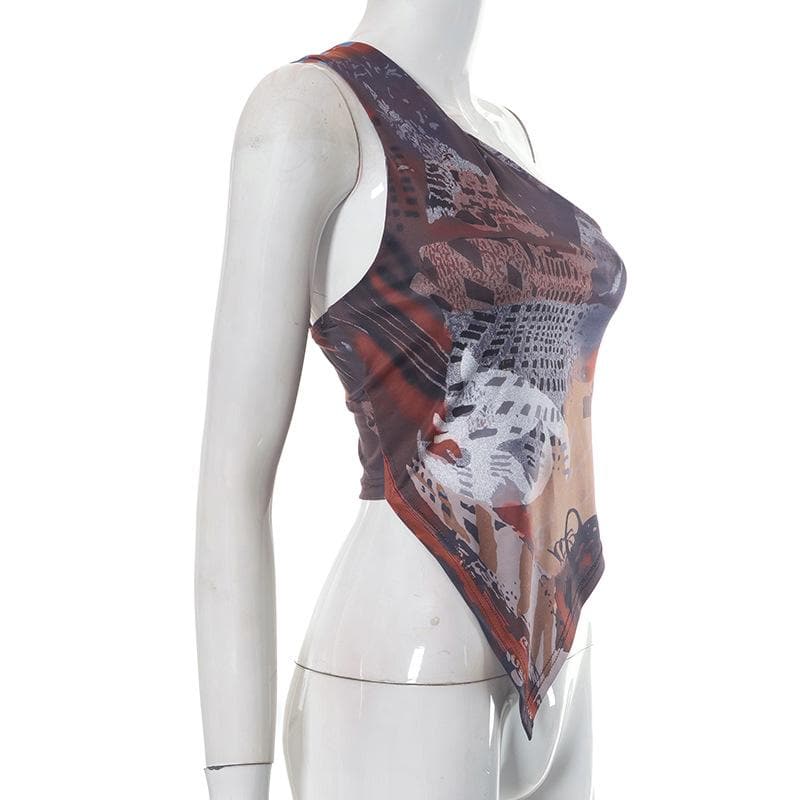 One shoulder irregular contrast print top