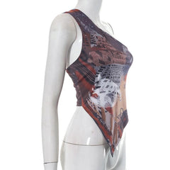 One shoulder irregular contrast print top