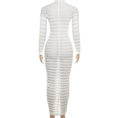 Textured long sleeve solid see through ruched maxi dress