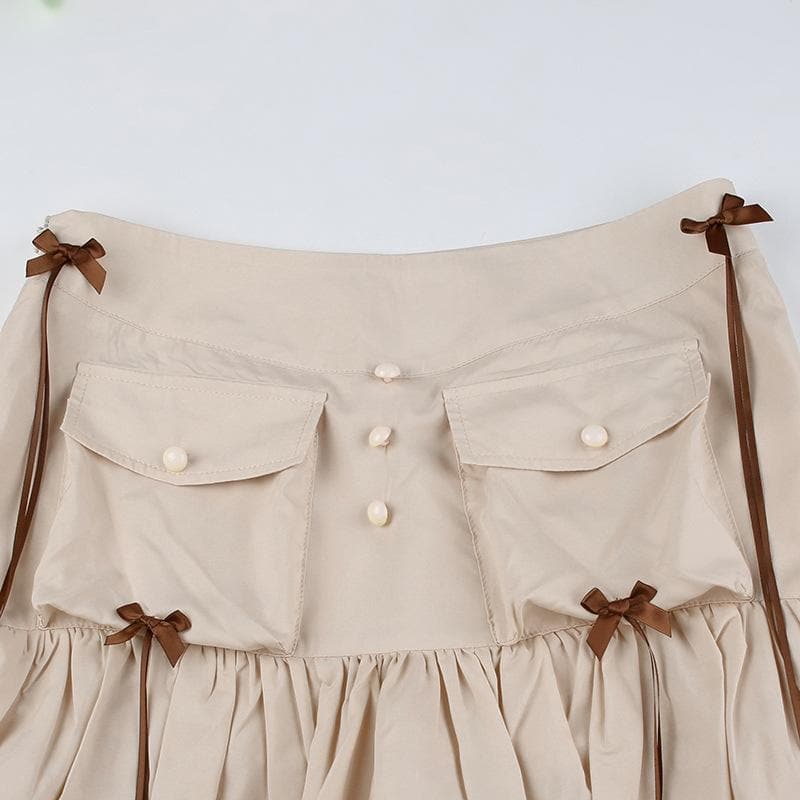 Ruffle ribbon zip-up bowknot button pocket mini skirt