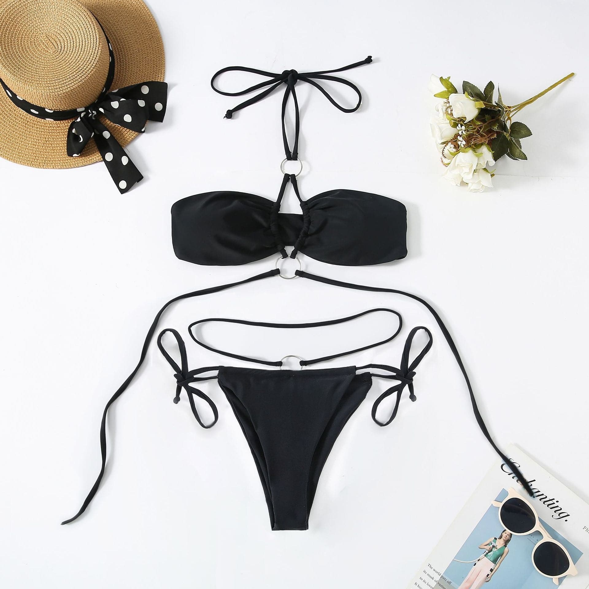 Solid o ring halter backless self tie bikini swimwear