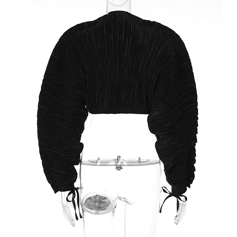 Textured solid high neck long puff sleeve self tie top
