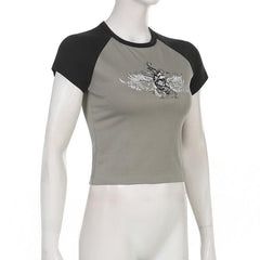 Short sleeve abstract patchwork contrast top