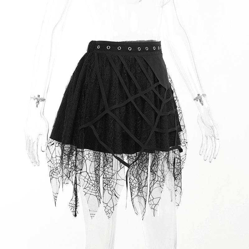 Solid irregular mesh spider web pattern mini skirt