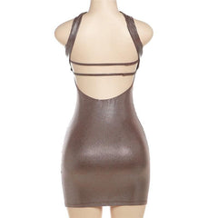 metallic halter sweetheart neck backless mini dress