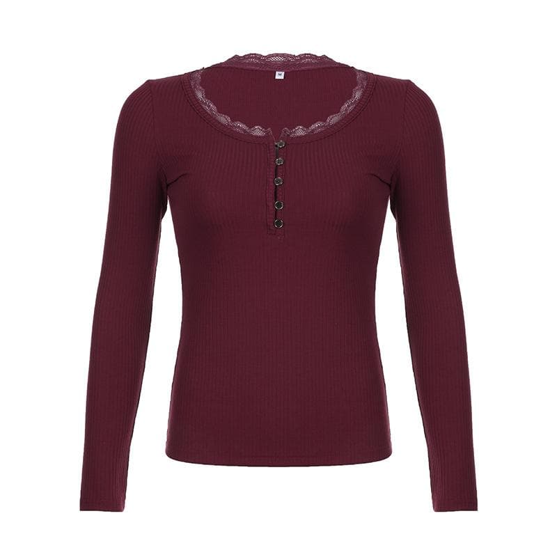 Ribbed long sleeve lace hem button solid top
