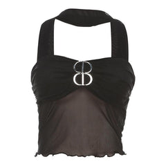 Buckle mesh ruffle halter backless low cut crop top