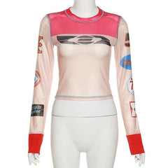 Sheer mesh stitch see through long sleeve print top