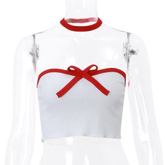 Bowknot backless contrast ribbed ruffle tube top