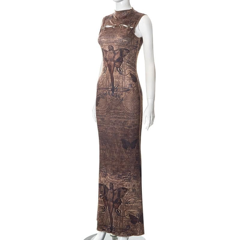 Abstract print hollow out stitch sleeveless midi dress