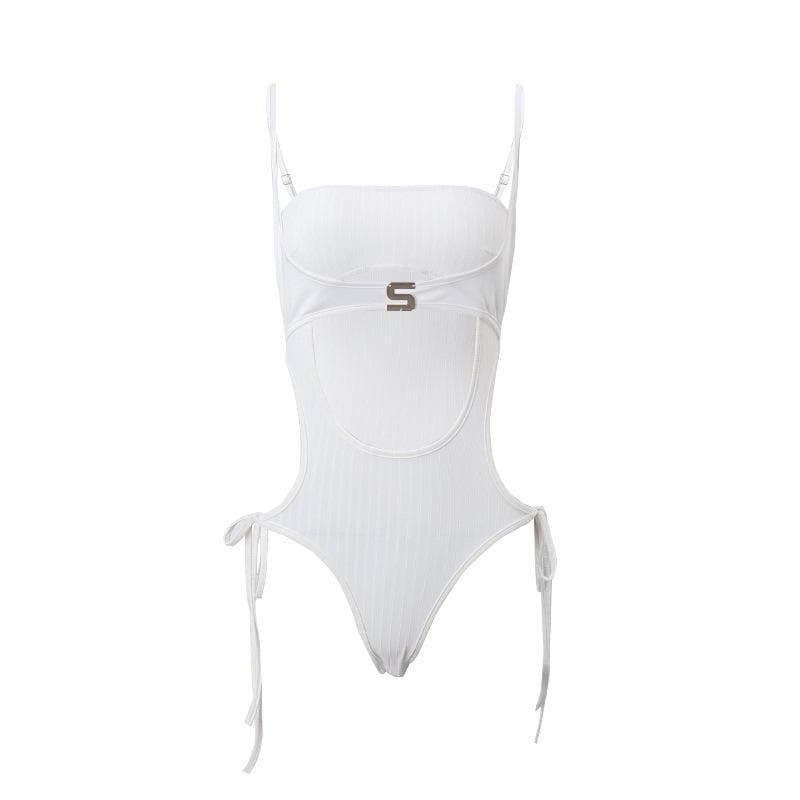 Solid ribbed self tie "S" applique hollow out cami bodysuit