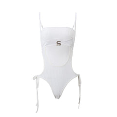 Solid ribbed self tie "S" applique hollow out cami bodysuit