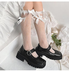 Sheer lace bowknot satin knee high socks