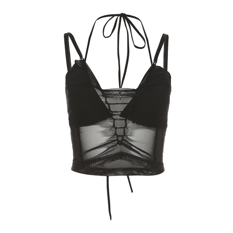 Mesh solid hollow out halter self tie backless 2 piece cami crop cut out top