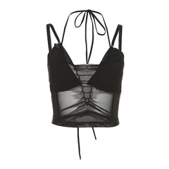 Mesh solid hollow out halter self tie backless 2 piece cami crop cut out top