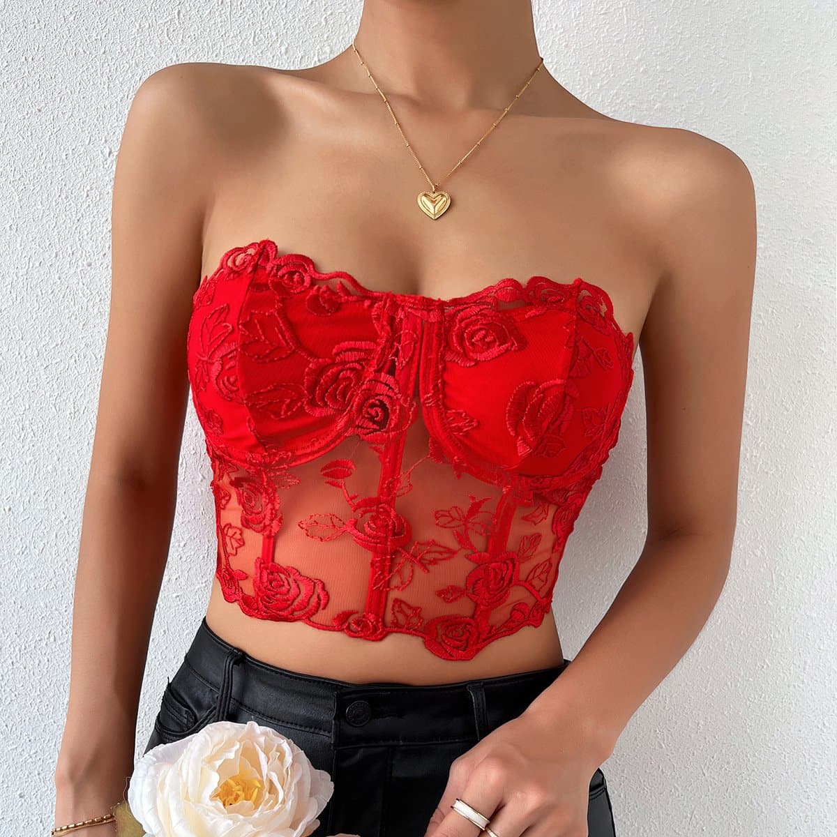 Rose mesh solid button bustier tube top