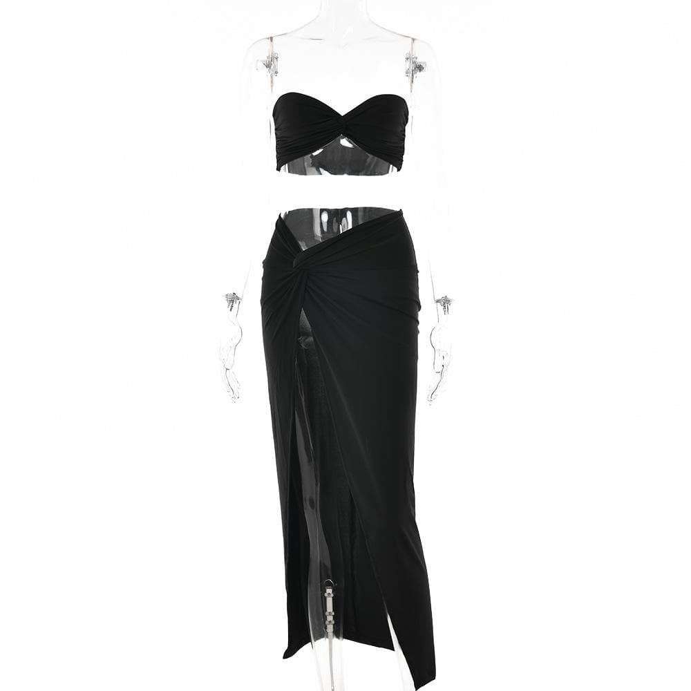 Slit knotted solid sweetheart neck tube midi skirt set