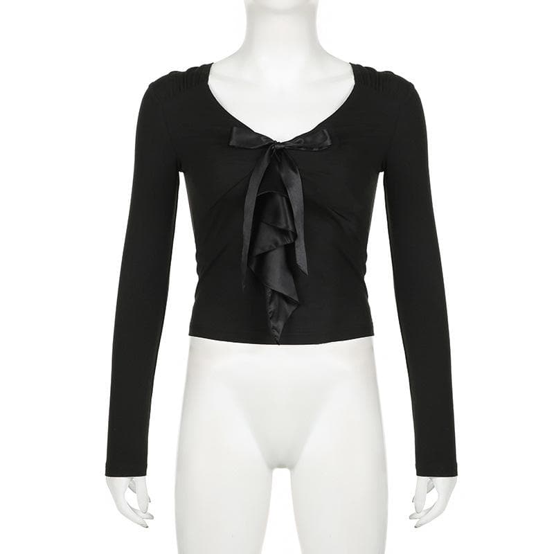 Patchwork solid long sleeve bowknot v neck top
