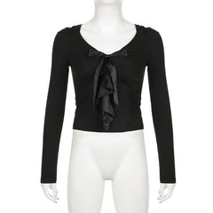 Patchwork solid long sleeve bowknot v neck top