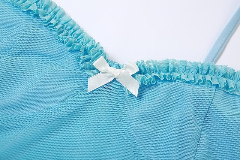 Sweetheart neck mesh bowknot backless ruffle lace hem cami top