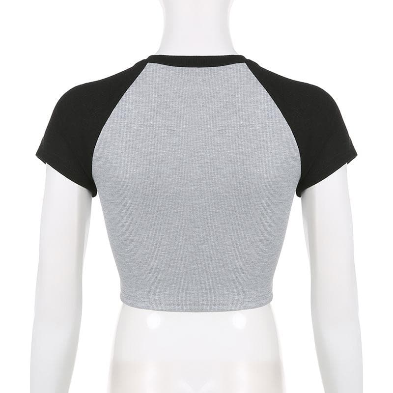 Ribbed patchwork star pattern contrast short sleeve crop top