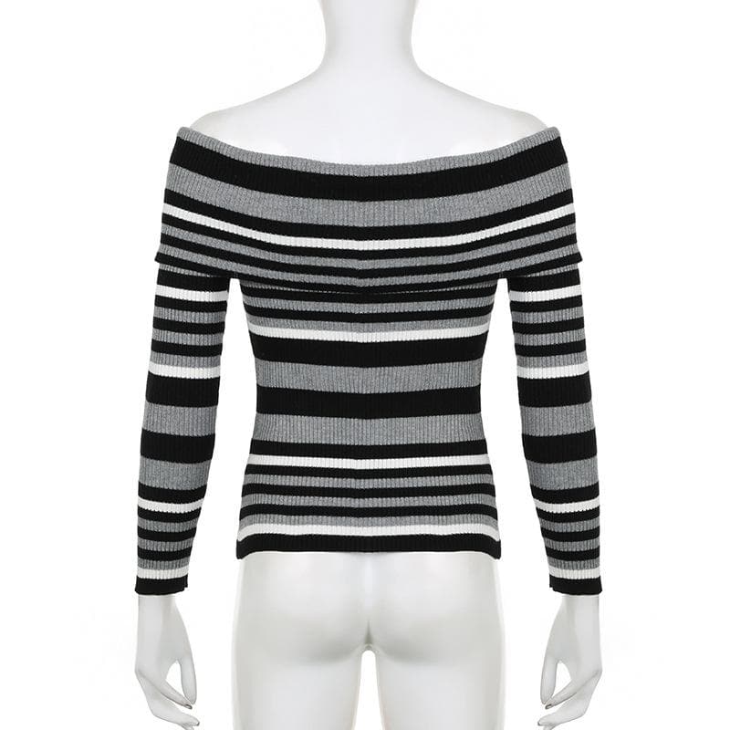 Striped contrast off shoulder long sleeve knitted top
