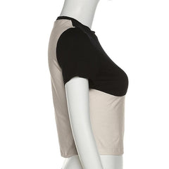 Short sleeve patchwork crewneck contrast crop top