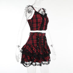 Lace hem ruffle lace up plaid smocked backless mini skirt set