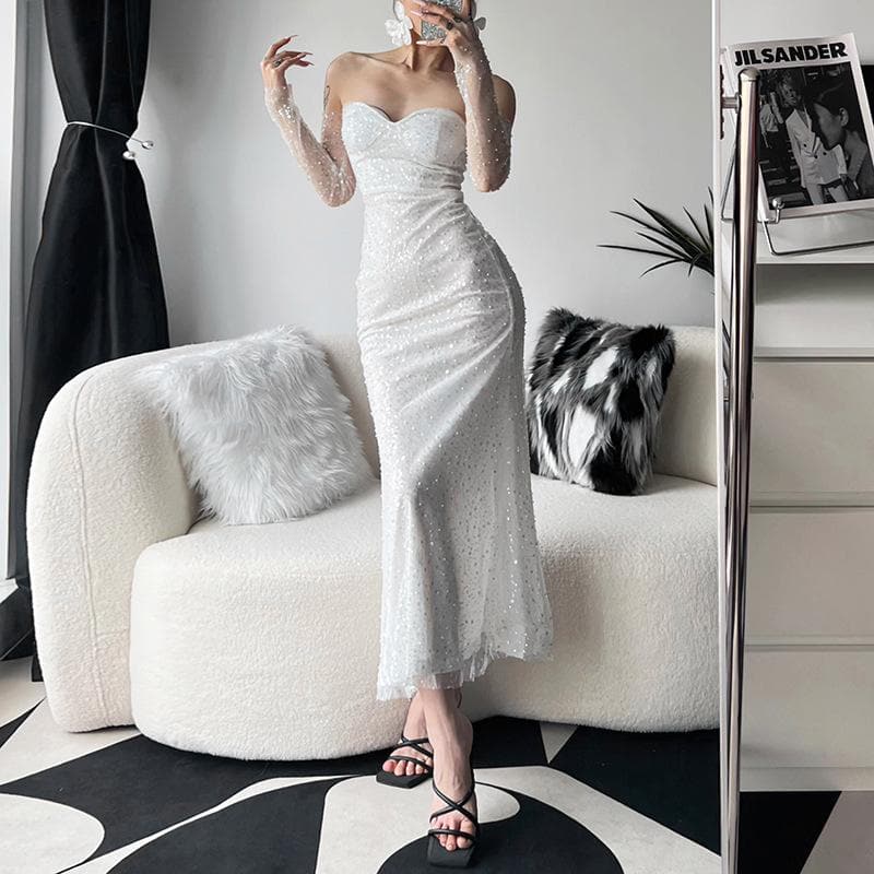Backless glitter sweetheart neck zip-up long sleeve tube maxi dress