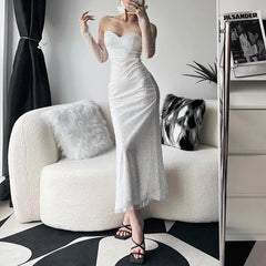 Backless glitter sweetheart neck zip-up long sleeve tube maxi dress