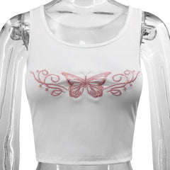Butterfly embroidery u neck sleeveless ribbed crop top