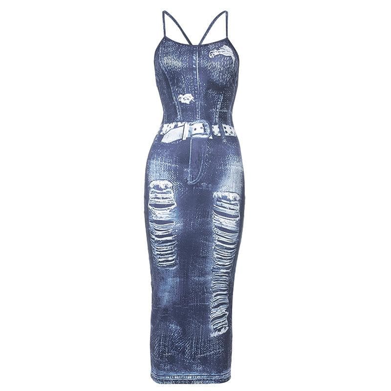 Cross back u neck backless denim print contrast slit midi dress