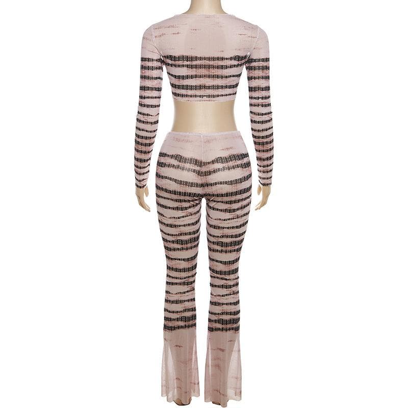 Sheer mesh striped see through long sleeve contrast pant set