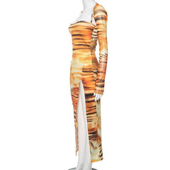 Tiger print long sleeve contrast slit shrug cami midi dress