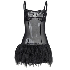 Mesh see through feather sleeveless backless mini dress