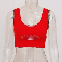 Double layered U neck low cut hollow out solid crop cut out top