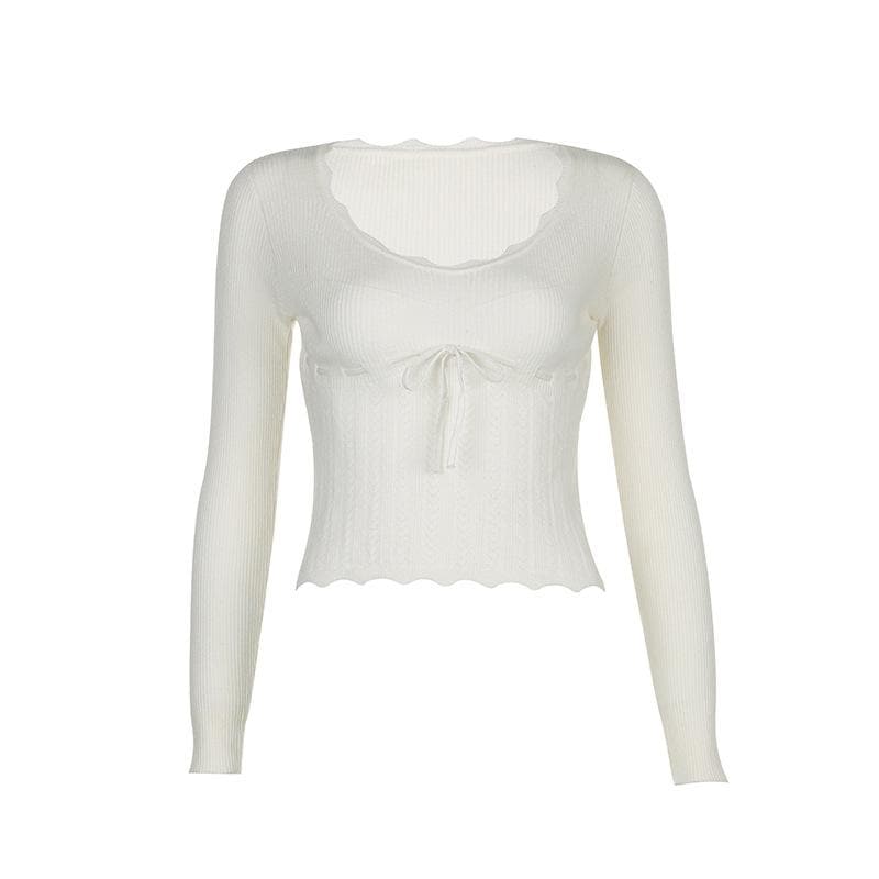 Ribbed lace hem long sleeve solid u neck top