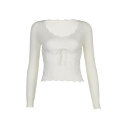 Ribbed lace hem long sleeve solid u neck top