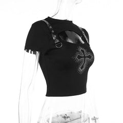 Short sleeve cross pattern beaded buckle hollow out crop top